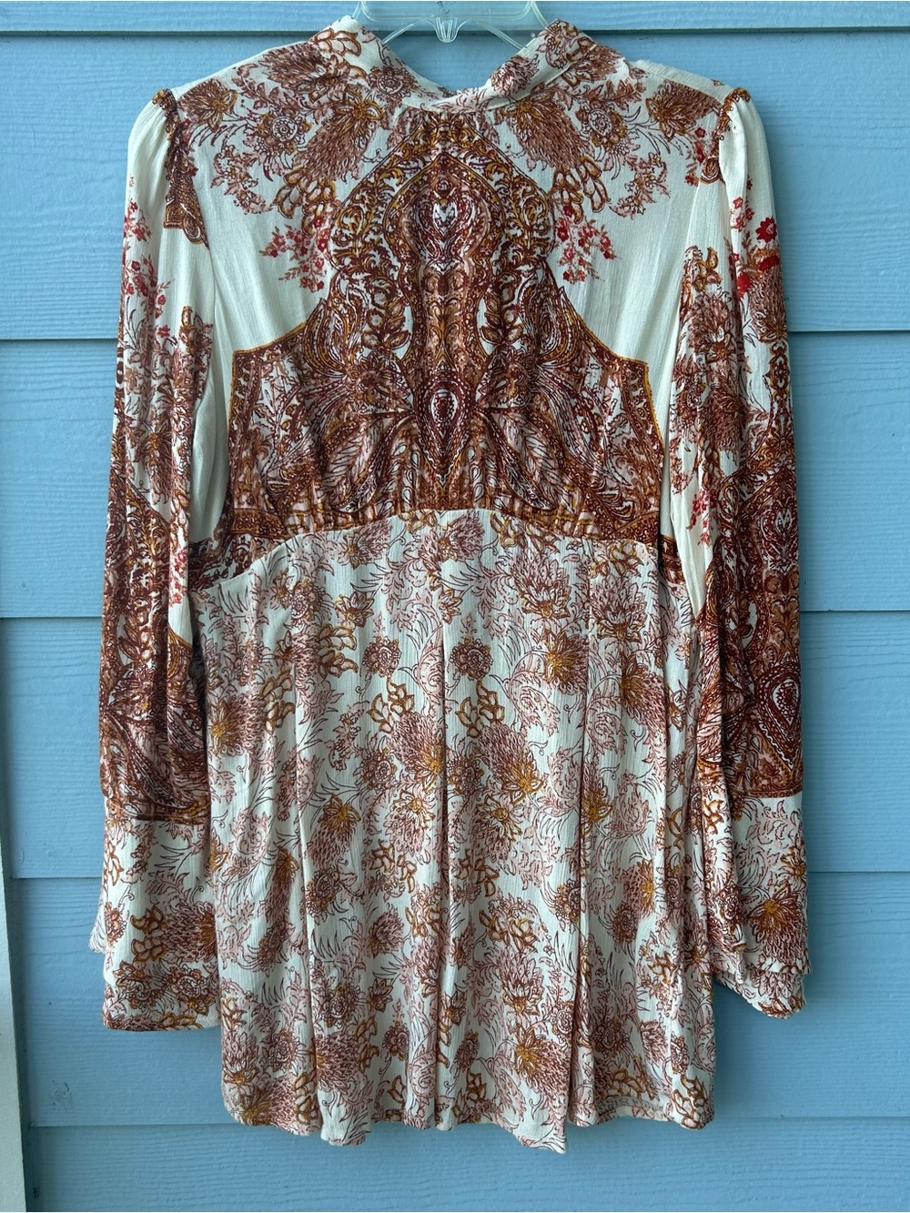 Free People 70s Printed Paisley Boho Mini Dress in Ivory, Rust & Mustard